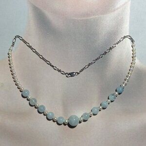 Blue Calcite Quartz Crystal Beads and Freshwater Pearl with Silver Chain